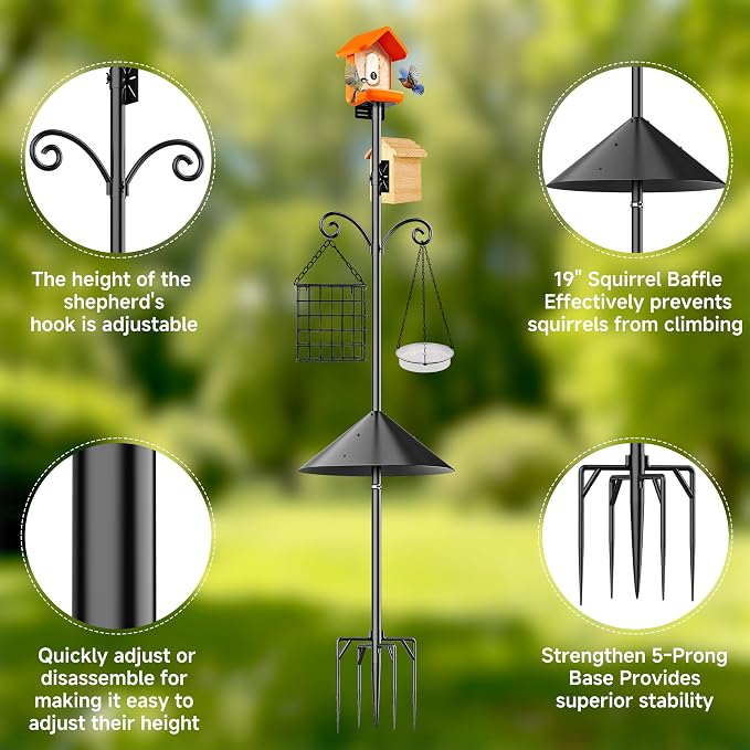 Smart Bird Feeder Pole Stand with Proof Squirrel Baffle 94" - Dia 1 Inch Bird House Pole Mount for Camera Birdfeeder, Double Hooks, Install 2 Bird Houses, Feeding Station Outdoors Heavy Duty