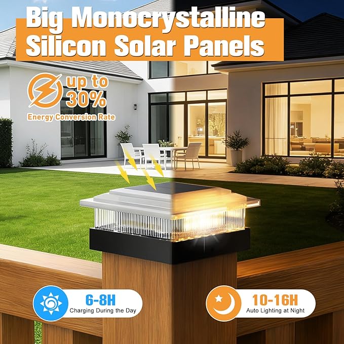 4x4 40 Lumens Post Solar Lights 8 Pack, Fence Post Solar Lights 4 Lighting Modes Solar Post Cap Lights for 4x4 3.5x3.5 Wood/Vinyl Posts, IP67 Waterproof Post Lights for Fence Mailbox Porch Post