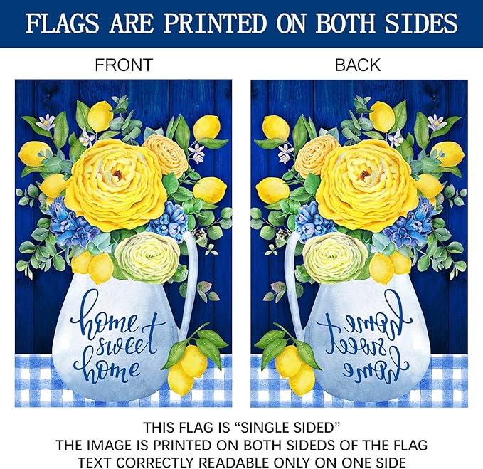 Texupday Home Sweet Home Blue and Yellow Flower Lemon Decoration Spring Summer Floral House Flag Buffalo Check Plaid Seasonal Holiday Outdoor Yard Banner 28" x 40"