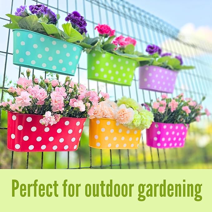 LaLaGreen Rail Planter Outdoor Plants (17 Inch, 6 Pack) Large Colorful Metal Iron Hanging Flower Pot Deck Railing Fence Buckets Countryside Style Window Plant Holder Hooks Porch Decor