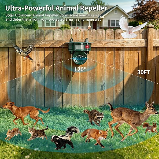 Squirrel & Deer & Birds & Rabbit Repellent Solar Powered, IP 65 Waterproof, Motion Detection, Ultrasonic Deterrent Outdoor, Cat Raccoon Skunk Dog Animal for Yard Garden Farm Patio Roof 2 Pack