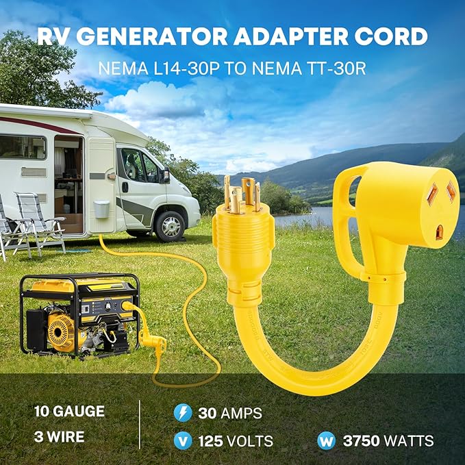 Kohree 4 Prong 30 Amp to 30 Amp Generator to RV Adapter, NEMA L14-30P Twist Lock Male to NEMA TT-30R Female, STW 10 AWG 12", Power Adapter Cord for Generator to RV Camper Trailer