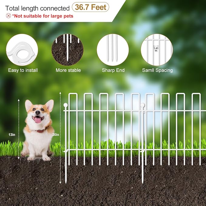 26 Panels No Dig Animal Barrier Fence, 13in(H) x 37ft(L) Garden Edging Border Fencing, Rustproof Metal Stakes Decorative Garden Fence, Dog Digging Defense Fencing Barrier for Outdoor, Yard, White