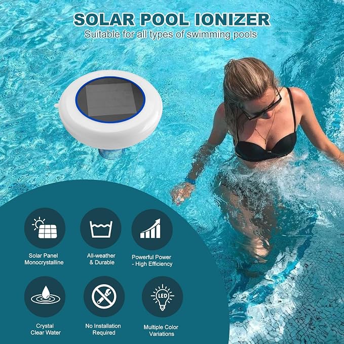 Solar Pool Ionizer - Pool Ionizer for Above Ground & Inground Pools Floating Copper Ionizer Durable Copper Anode Clear Water with Minimal Effort