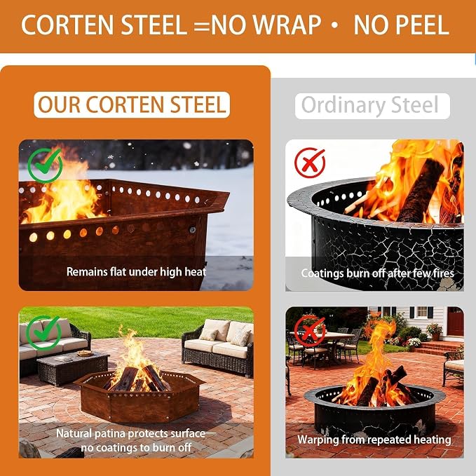 Heavy Duty Smokeless Fire Ring – 40 inch Outer/36 inch Inner Large Detachable & Portable Corten Steel Fire Pit Ring for Outdoor Camping & Bonfires – DECOROCA