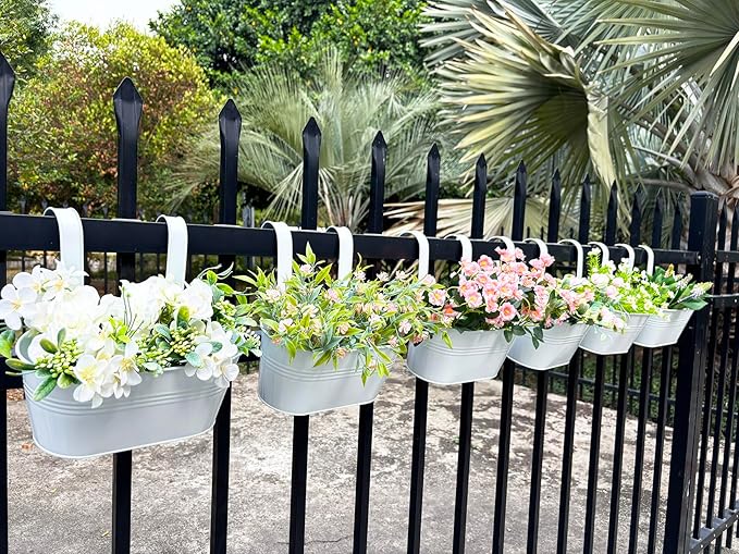 12" Balcony Railing Planters, Outdoor Hanging Planter for Fence, Stylish Metal Porch Deck Flower Pot for Herbs & Succulents (White, Pack of 6)