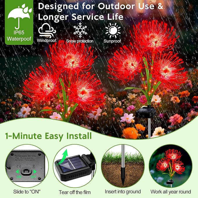 Solar Garden Flower Lights Outdoor, 8 Pack Red Spider Lily with Glowing Stems, Waterproof LED Yard Lawn Pathway Decor, Elegant Patio Garden Decoration, for Mom, Grandma, Women
