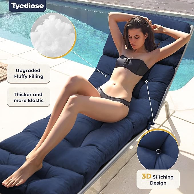 Chaise Lounge Cushions Outdoor Set of 2, 74.4 x 22 x 4.7 Inches Thickened Lounge Chair Cushions Waterproof for Outdoor Furniture with Ties, Non-Slip Patio Pool Chaise Lounge Cushions, Blue