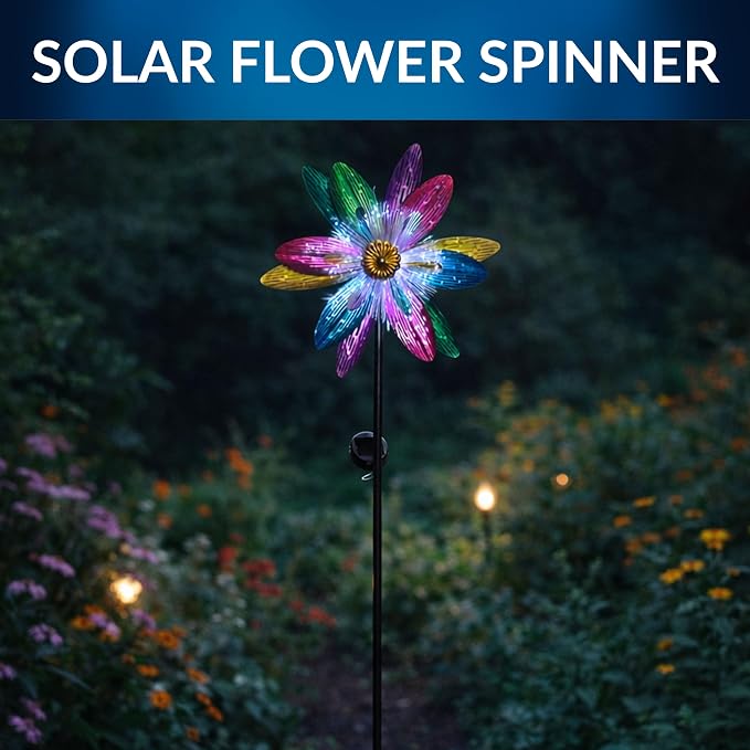 Alpine Corporation IHD144SLR Solar Flower Spinner Garden Stake with Fiber Optic LED Center, Metal Wind Spinner Yard Decor, Outdoor Solar Powered Lawn & Patio Decoration