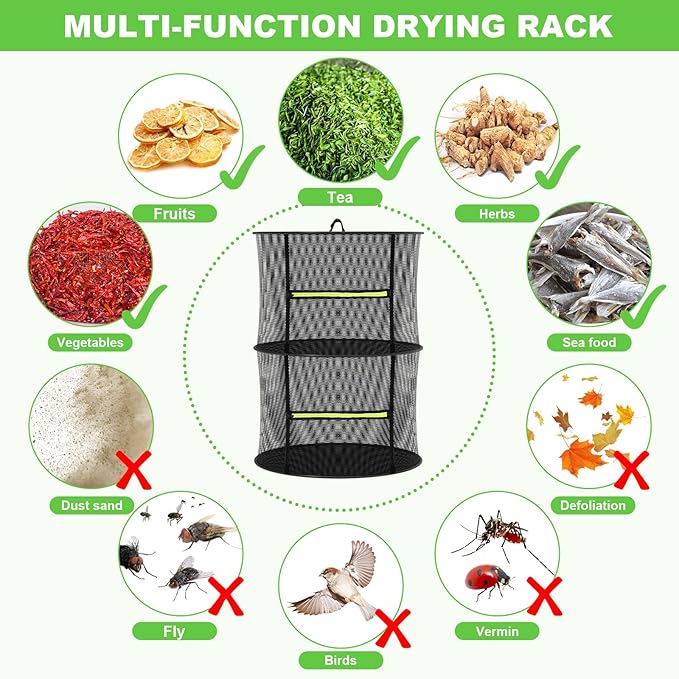MEKOLIFE 2 Layer Herb Drying Rack, Collapsible Mesh Drying Rack, Small Hanging Drying Net with Green Zipper & Hooks, Indoor Outdoor for Drying Herbs, Socks, Underwear, Seafood & Camping Food (11.81")