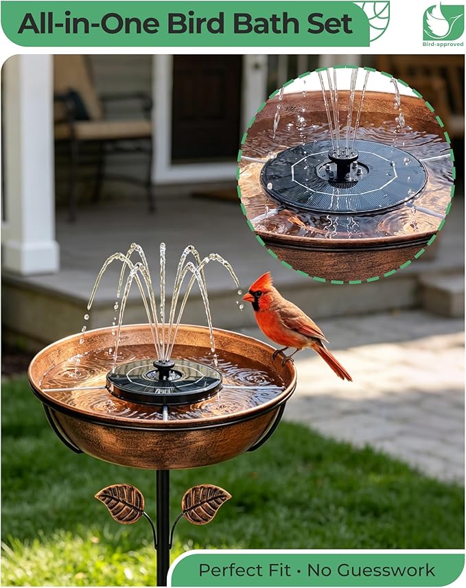 Metal Bird Bath with Solar Fountain - 13" Outdoor Birdbath Bowl + 6.3" Solar Pump with Battery LED Lights & with 4 Fixed Rods | Garden Bird Bath for Yard, Lawn, Patio, Flowing Water Feature