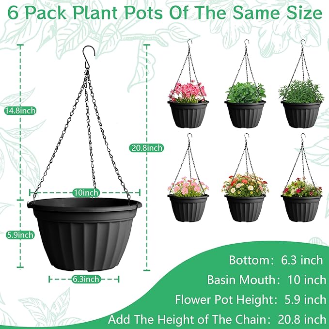 FGstyle 6 Pack Hanging Planters 10 Inch,Self Watering Pots for Indoor Plants,Plastic Hanging Basket with Soil Elevator and 20" Chain for Home Garden Porch Balcony Patio Decor(Black)