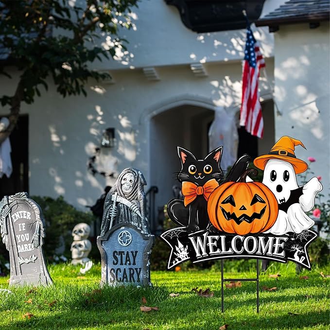 JarThenaAMCS Vintage Halloween Metal Garden Stake Pumpkin Ghost Black Cat Decorative Lawn Sign Welcome Yard Sign for Trick or Treat Party Home Outside Lawn Porch Decor