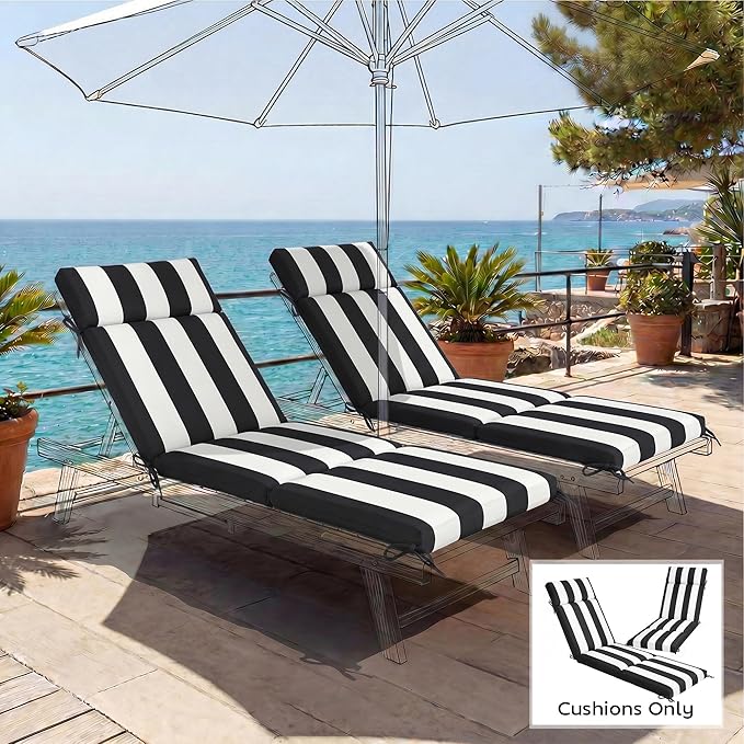 Outsunny Outdoor Chaise Lounge Cushions Set of 2, Chaise Lounge Cushions with 6 Ties, High-Density Foam, 72 x 21.1 x 2.6 Inch Water-Repellent and UV-Resistant for Patio, Poolside, Black and White