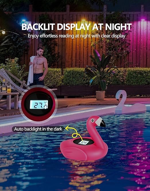 FirstE 2026 Solar Digital Pool Thermometer Come with Rope | Backlit LCD Display for Easy Read | Flamingo Pool Temperature Thermometer Floating Design | Ultra-accurate Temperature Gauge for Hot tub,Spa