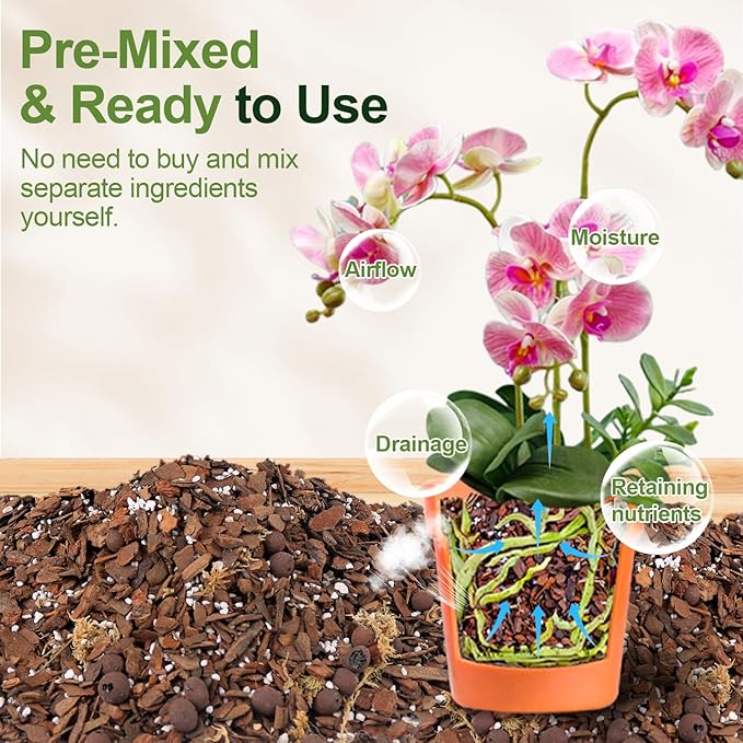 Orchid Bark Potting Mix 3 Quart, Mix Pine Bark, Organic Perlite, Sphagnum Moss and Leca Clay Pebbles for Plants, Orchid Fertilizer Garden Soil for Root Development