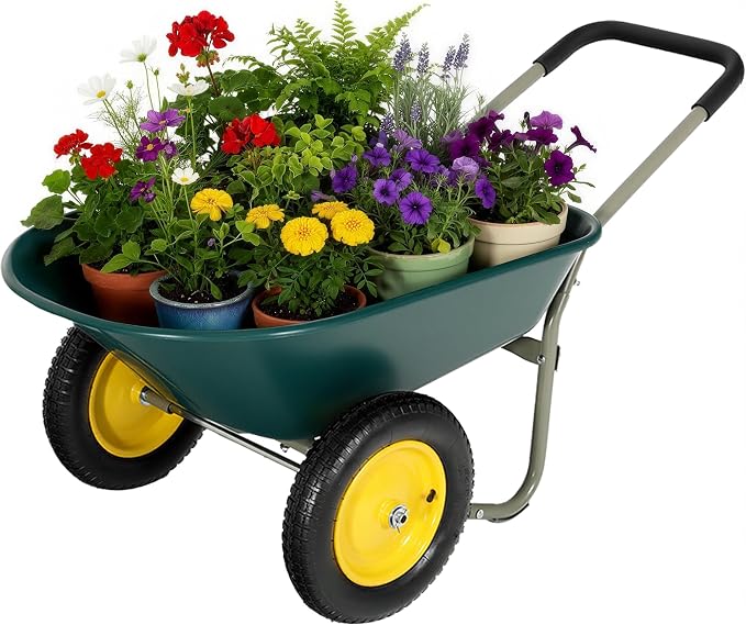 2 Wheel Wheelbarrow, Dual-Wheel Garden Dump Cart with 13" Non-Slip Pneumatic Tires & Ergonomic Padded Handle, Heavy-Duty Home Utility Yard Cart Wagon with 4.5 Cu Ft Capacity for Lawn, Gardening