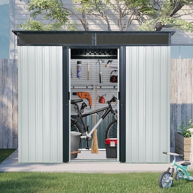 KEIKI 8x6 FT Outdoor Metal Storage Shed with Sloped Roof,Window,Transparent Plate and Lockable Sliding Door for Garden Yard Lawn