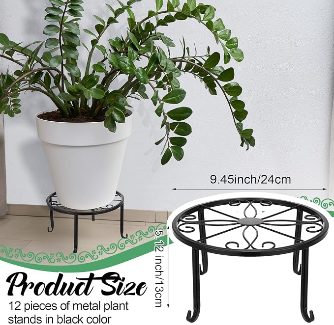 Maitys 12 Pack Metal Plant Stands Outdoor Indoor Heavy Duty Flower Potted Holder Anti-Rust Plant Pot Shelf Round Flower Display Rack for Porch Garden(Curved Leg,Black)