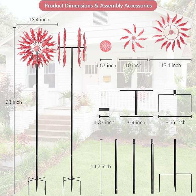 Large Wind Spinners Outdoor Metal, 360° Double-Layer Garden Wind Spinners Sculptures, 63" ×13.4", Kinetic Pinwheels for Yard and Garden Patio & Lawn (Pink)