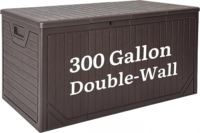 YITAHOME XXL 300 Gallon Extra Large Outdoor Deck Box, Lockable Resin Double-Wall Storage Box and Waterproof Patio Furniture Bin for Garden Tools & Pool Accessories, Brown
