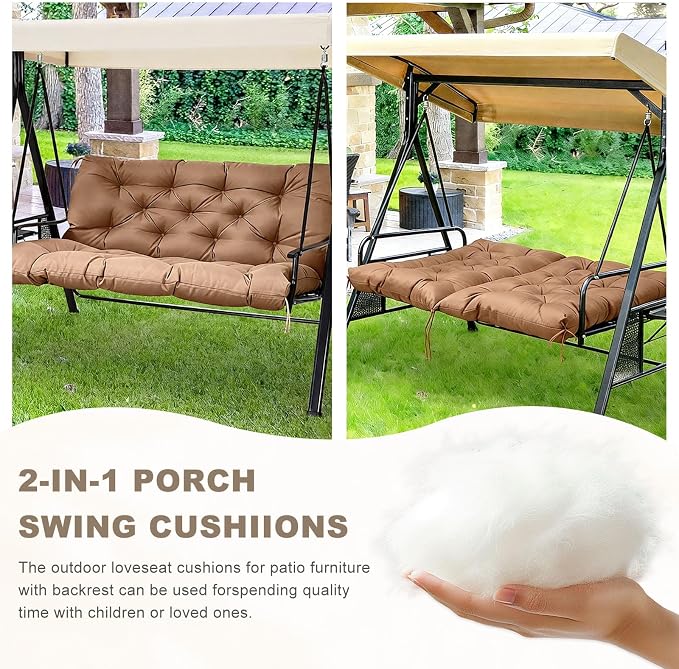 Porch Swing Cushion with Backrest,Waterproof Bench Cushion for Outdoor Furniture,2-3 Seater Replacement Thickened swing cushion with Ties,Patio,Outdoor,Backyard and Garden (Light Coffee,47x40")