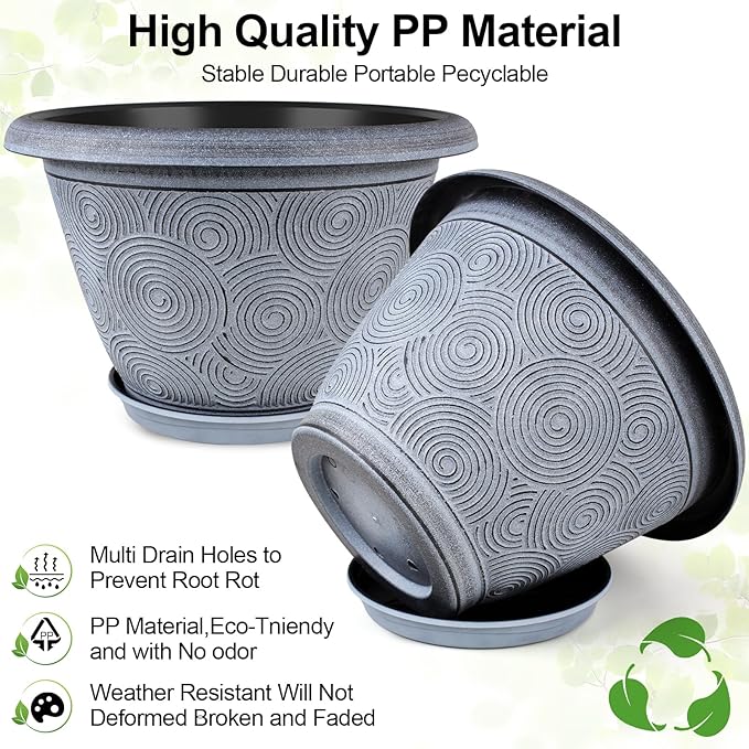 Fodetyff 8 Inch Flower Pots Planters for Indoor Outdoor Plants, 4 Pack Plastic Small Plant Pots with Drainage Hole & Tray, Modern Decorative Garden Pot with Saucer, Plant Container for House