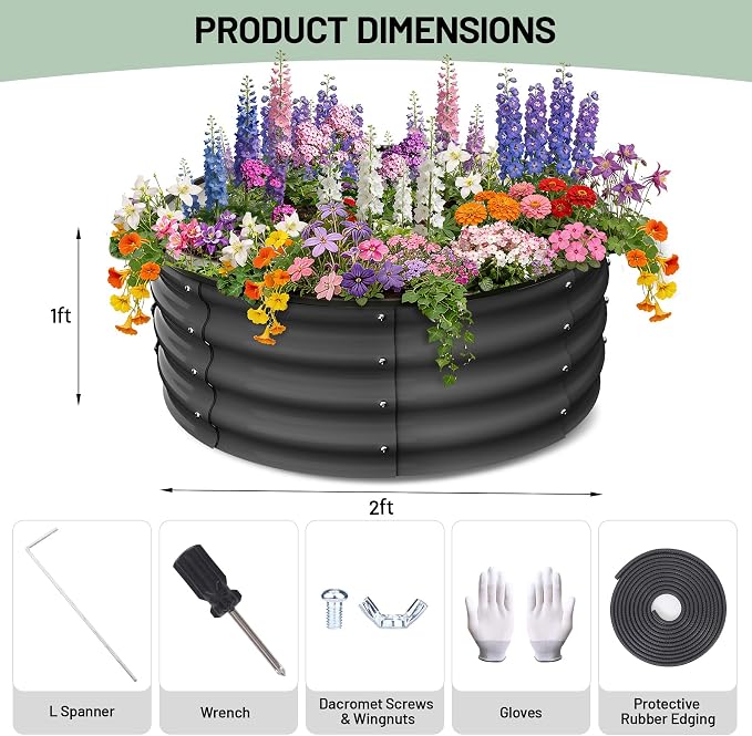 Garvee Galvanized Raised Garden Bed, 2Pcs Raised Garden Beds Outdoor, Round Planter Raised Beds with Gloves and Rubber Edge Trim for Vegetables, Flowers and Herbs, 2x2x1 FT, Dark Grey