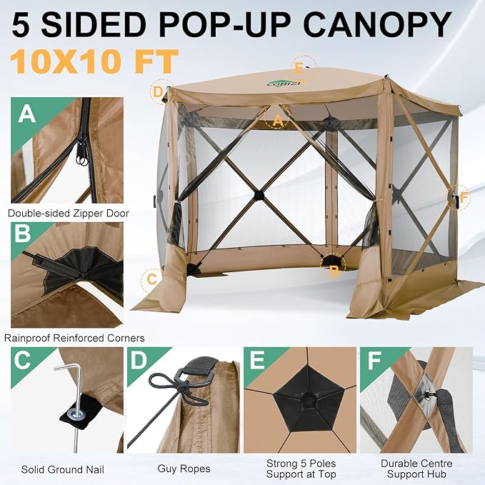 COBIZI 10x10 FT Pop up Gazebo, Popup Canopy Tent, Screened in Gazebos with sidewalls, Waterproof Portable Outdoor Small Screen Tents Sun Shelter,carpas para Patio for Camping,Garden,Backyard,Khaki