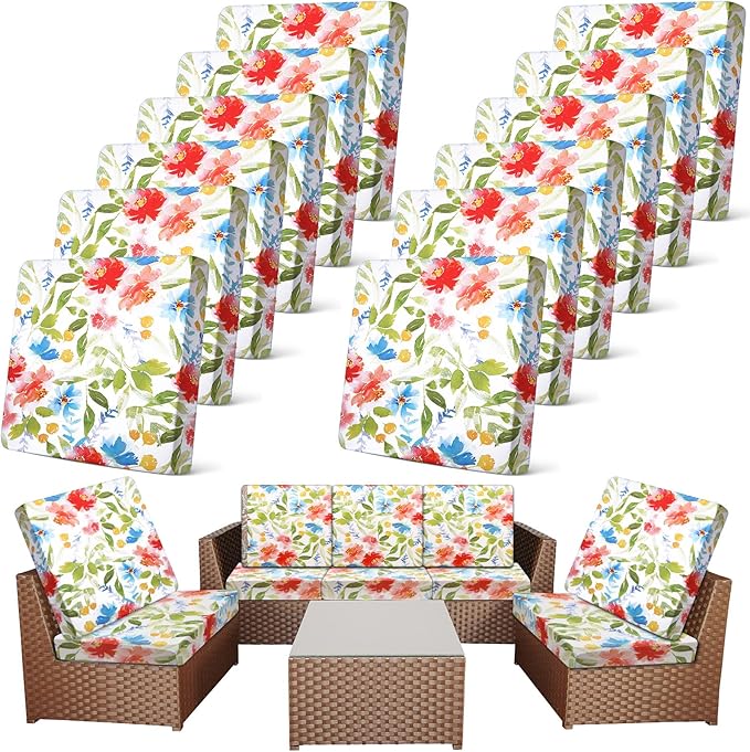Newwiee 12 Pcs Patio Cushion Covers Outdoor Stretch Sofa Couch Cover Replacement Couch Slipcover Sofa Seat Chair Porch Patio Furniture Protector, Flexibility Washable(Watercolor,Flower)