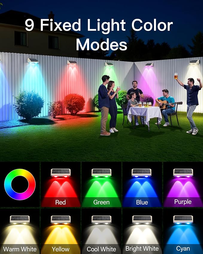 KEILAIMO Solar Fence Lights Outdoor, Fence Lights Solar Powered with Ultra-Bright LED Lens, 9 Color Modes, 12+ Hours Steady Glow for Deck/Backyard/Patio/Pool/Wall, 2 Pack, Matte White