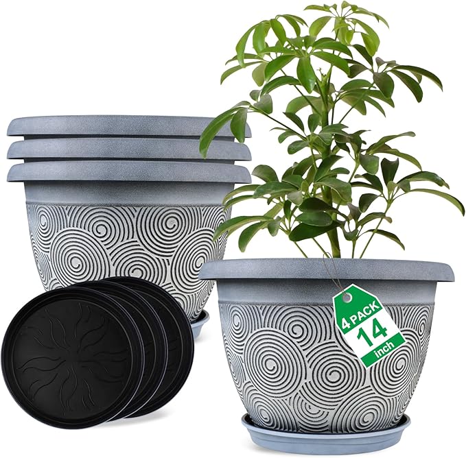 Fodetyff 14 Inch Large Planter Pot for Plants Indoor Outdoor, 4 Pack Plastic Flower Pots with Drainage Hole & Tray, Modern Decorative Garden Pot with Saucer, Plant Container for House