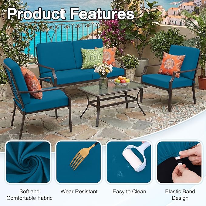 hyha Waterproof Outdoor Cushion Covers for Patio Furniture, Stretch Patio Chair Cushion Slipcovers, Coated UV Resistant Replacement Seat Covers, Solid Color (Peacock Blue, 12PC)