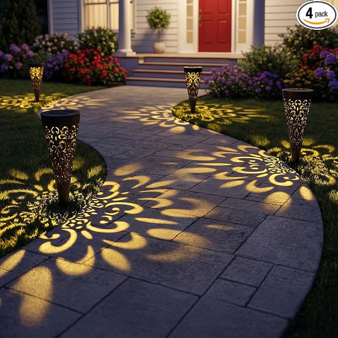 Hoikwo 4 Pack Hollow Out Solar Lights Outdoor Waterproof, Solar Pathway Lights Decorative Solar Garden Lights Landscape Lighting for Yard, Walkway