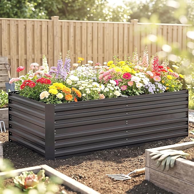 Outsunny Galvanized Raised Garden Bed Kit with Reinforcing Bars, Large and Tall Metal Planter Box for Vegetables, Flowers and Herbs, 6' x 3' x 2', Dark Gray