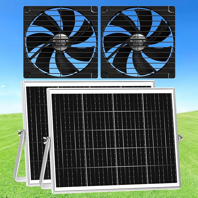 7.5" Solar Chicken Coop Fan 2 Pack, 15W x 2 Solar Powered Greenhouse Fan, Solar Exhaust & Intake Fans Outdoor Waterproof, for Outside Doghouse Shed Pet Air Circulation Ventilation Cooling