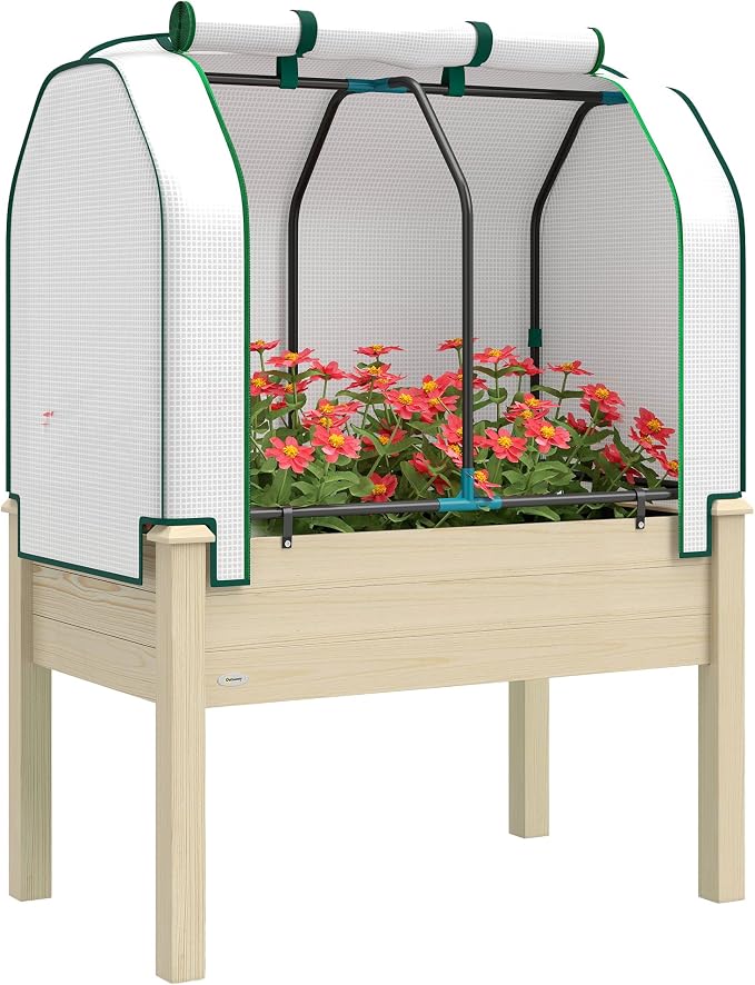 Outsunny Raised Garden Bed with PE Greenhouse Cover Outdoor Elevated Wood Planter Box for Herbs and Vegetables, Use for Patio, Backyard, Balcony, 35 x 22 x 47 inch, Natural