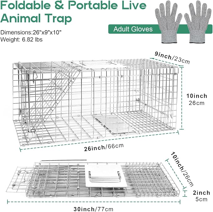 Humane Live Animal Trap Cage 26" × 9" × 10",Heavy-Duty Live Catch Cage for Raccoon, Squirrel, Stray Cats, Groundhogs, Armadillos, Opossums, Rabbits, Skunk, Mole, Small Wildlife Control