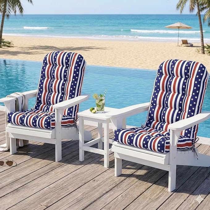COOS BAY High Back Adirondack Chair Cushions for Outdoor Furniture, 49x20x5 in Water-Resistant Thick Tufted Patio Chair Cushions with Secure Straps, Set of 2, American Flag