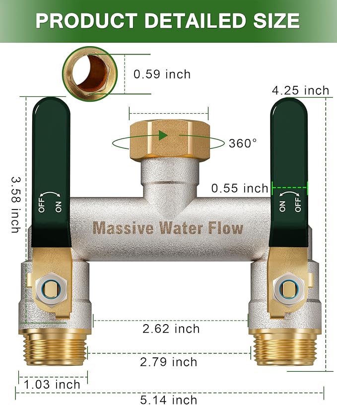 Hose Splitter 2 Way Heavy Duty, Garden Hose Splitter with 304 Stainless Steel Long Handle, Full Flow Brass Nickel Plated Water Hose T Spigot Splitter Adapter Connector, 3/4 - Inch GHT Thread (Green)