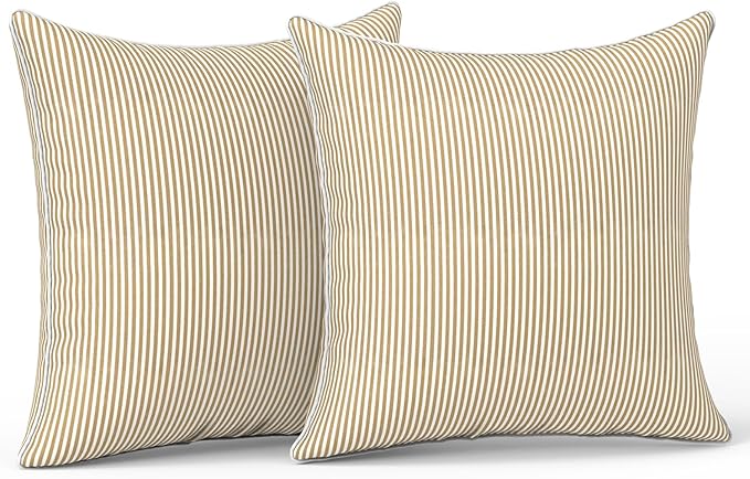 LVTXIII Set of 2 Patio Throw Pillows Waterproof 18"x18" Fade Resistant Outdoor Throw Pillows with Inserts, Fluffy Decorative Garden Toss Pillow Cushions for Home Patio Coach Sofa Use, Strip Beige