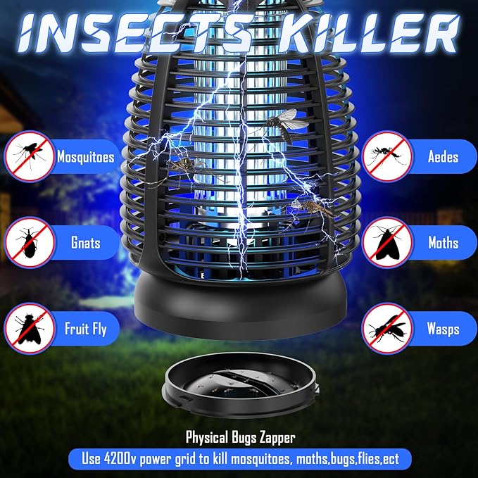 Electric Bug Zapper Outdoor - 4200V High Voltage Insect Killer Waterproof LED Light for Mosquito Fly Patio Porch Garage Backyard Home Indoor