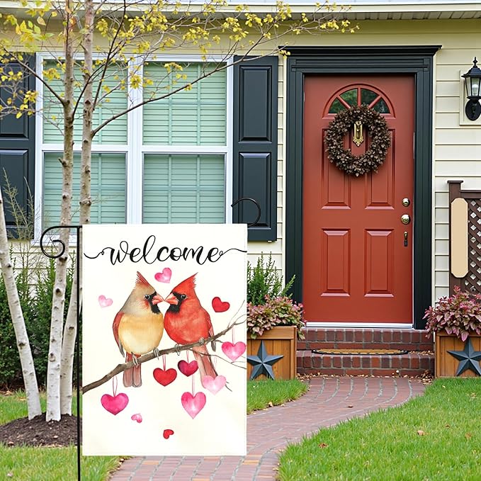 Welcome Valentine's Day Garden Flag Cardinal Love Heart Vertical Polyester Double Sided Yard Flags Holiday Anniversary Wedding Red Birds House Banner Farmhouse Valentines Day Decor 12x18 Inch