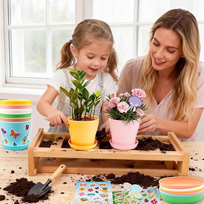 Garden Paper Pot Craft Kit, 36 Durable Resin Garden Pot with Tray Drainage Holes Adhesive Stickers and 40 Colorful Writable Cards, Flower Plant Spring Craft for Classroom DIY Flower Planting