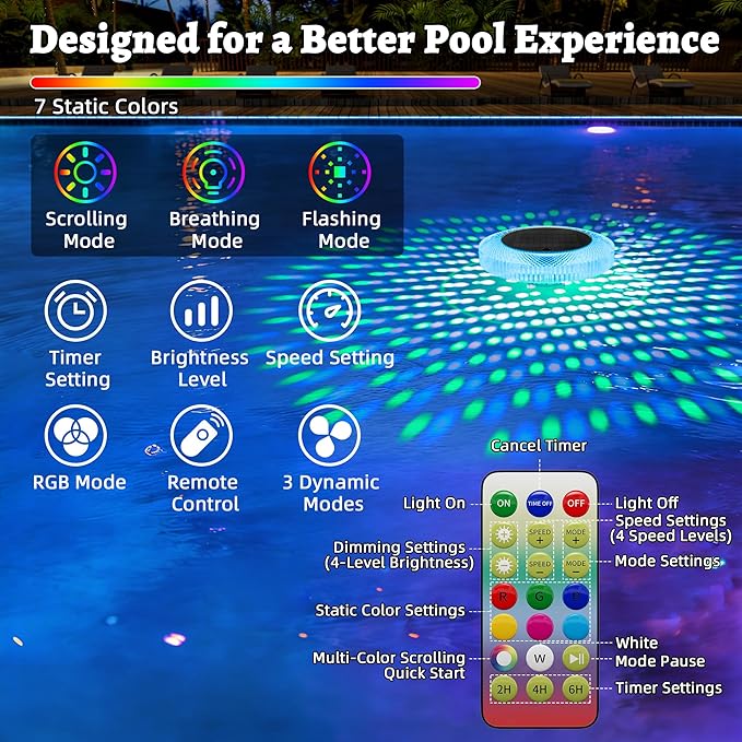 Solar Pool Ionizer Floating Lights: Copper Ionizer with LED Solar Powered Outdoor Waterproof Lighting RGB Color Changing Light with Remote Control for Above Ground Inground Swimming Pool Party Spa