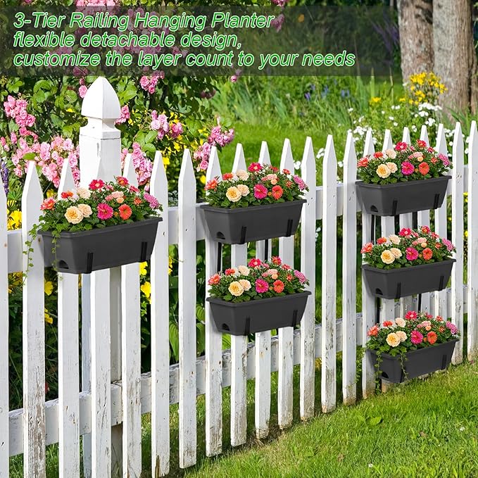 OYEAL Deck Railing Planters Vertical Garden Hanging Planter Boxes with Adjustable Brackets, Set of 2 Hanging Flower Pots for Railing Fence with 6 Plastic Planter Boxes, Grey