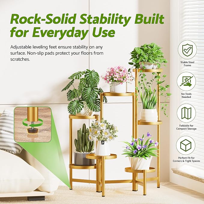 Patio Plant Stand, 7 Tiered Plant Stand Indoor for Multiple Large Planter, Tall Heavy Duty Adjustable Folding Rack with Rustproof 7.9 Inch Wide Tray, Folding Plant Shelf for Corner - GoldDisk