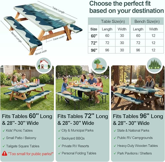 Picnic Table Cover with Bench Covers Camping Essentials Waterproof Windproof Camping Tablecloth with Drawstring Bag, Fitted Rectangle Tables and Seats, 96in, Green Blue