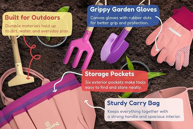 Kinderific Gardening Set, Tool Kit, for Kids, STEM, Includes Tote Bag, Spade, Watering Can, Rake, Fork, Trowel and Gloves (Princess Pink)