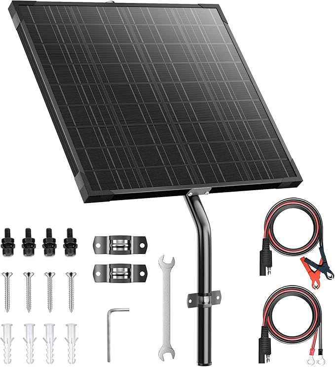 Voltset 12V Gate Opener Solar Panel：20W Solar Panels Kit for Electric Fence with Smart MPPT Controller - Waterproof Solar Battery Trickle Charger Maintainer with Tubular Bracket & SAE Cables